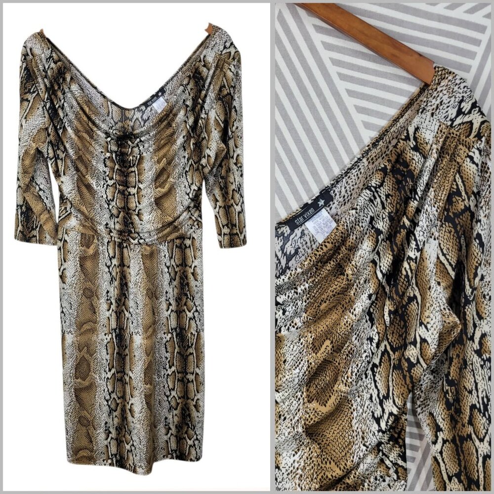 Vintage Animal Print Dress Large Party Snake Sexy Drape Front Slinky Knee Length